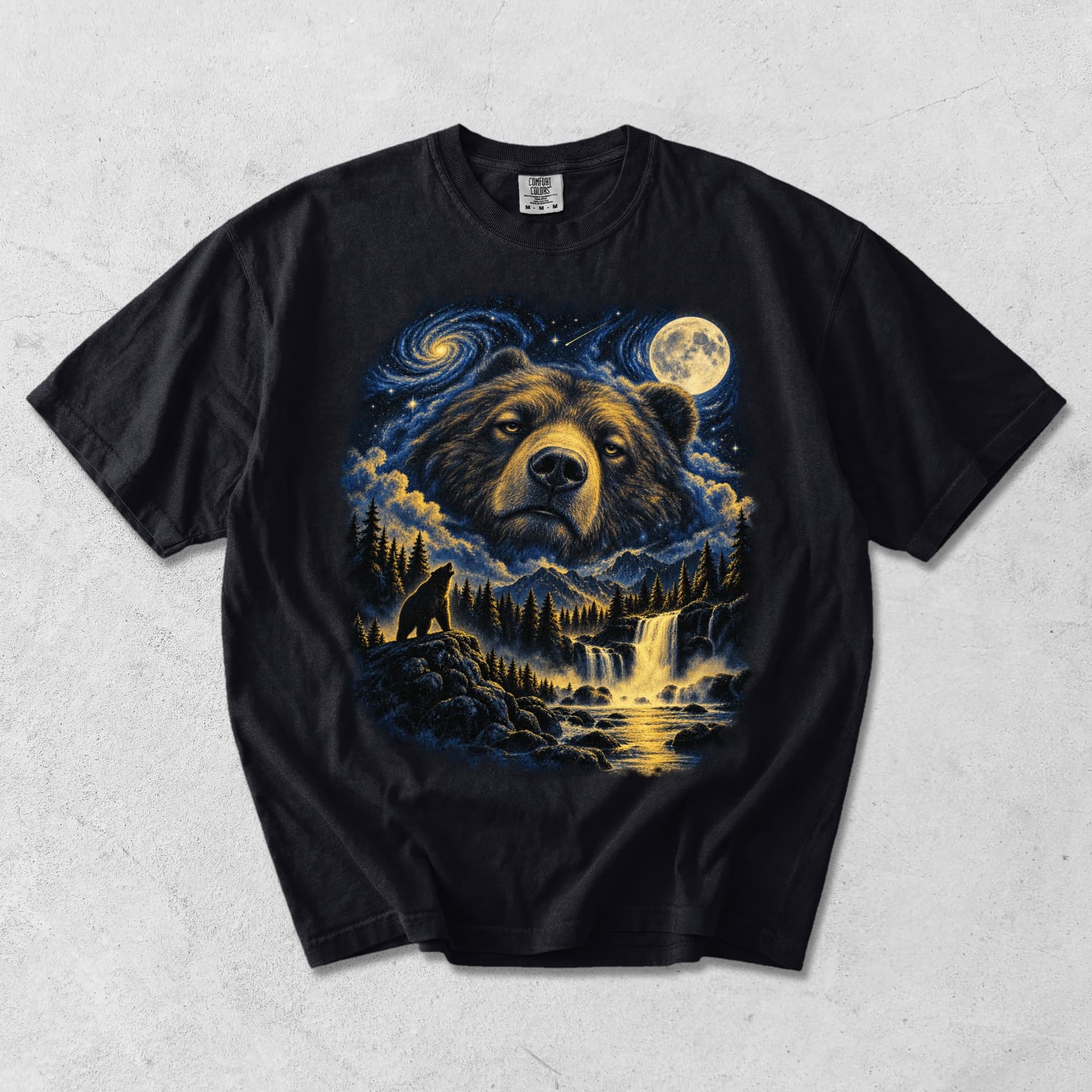 Night Sky Bear T-shirt | Moon, Waterfall, Forest Scenic Graphic