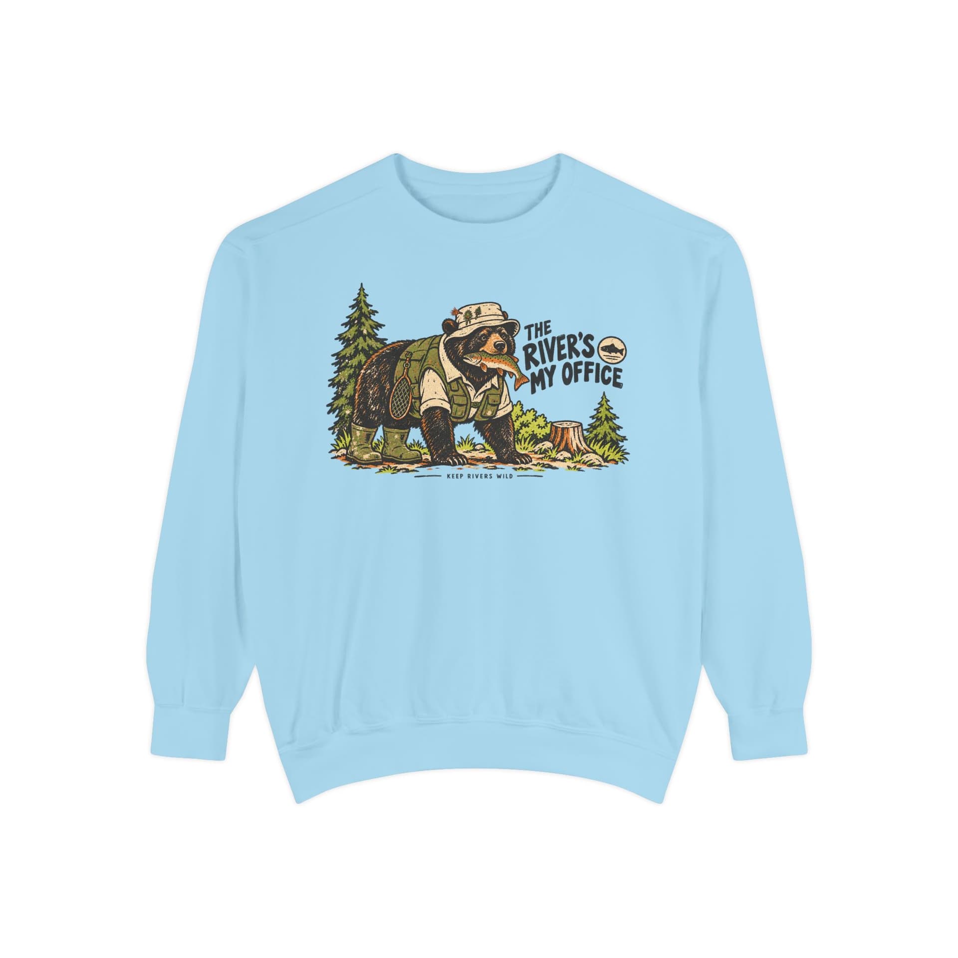 The River's My Office Fly Fishing Bear Sweatshirt — Chambray