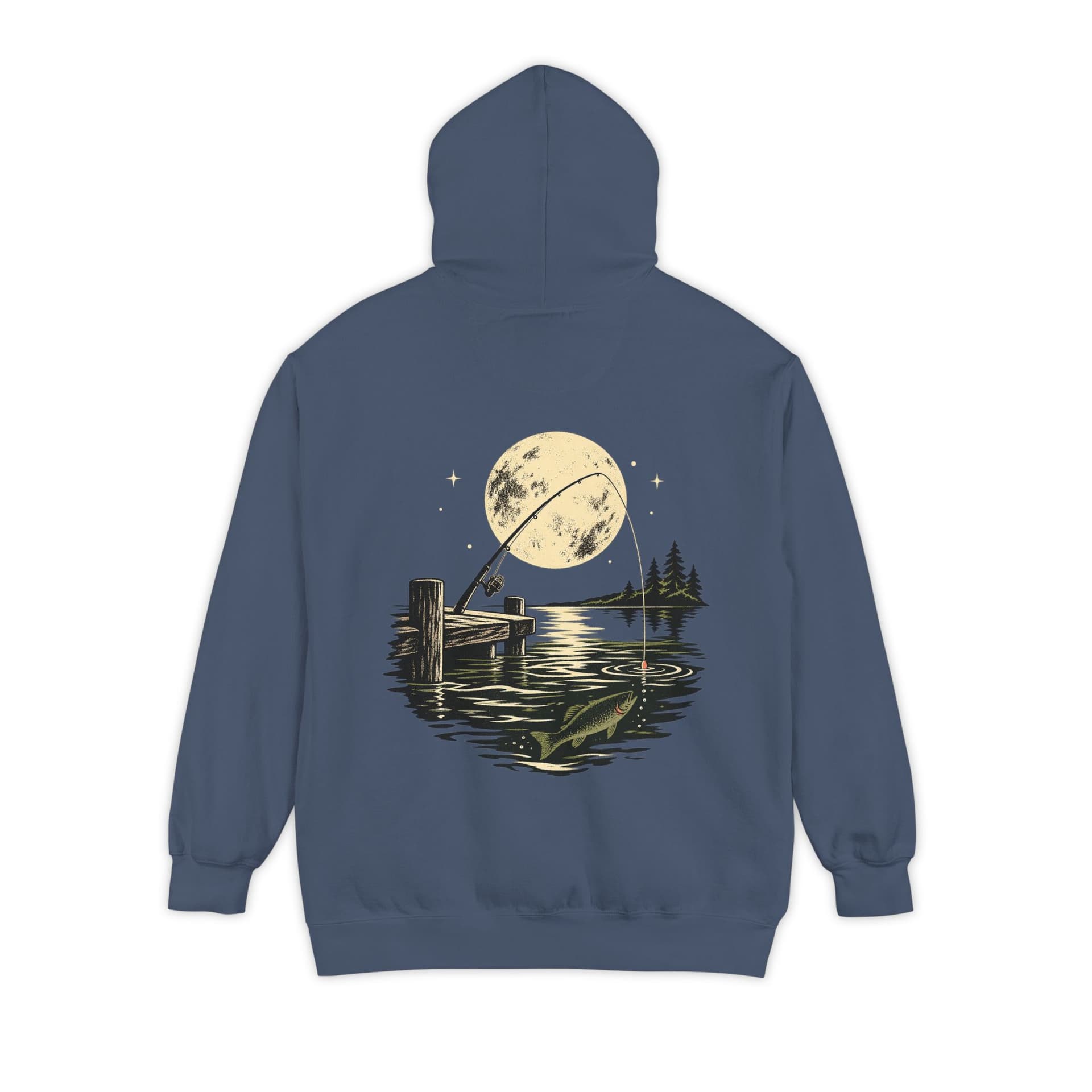 Moonlight Fishing Night Dock Lake Life Hoodie — Denim