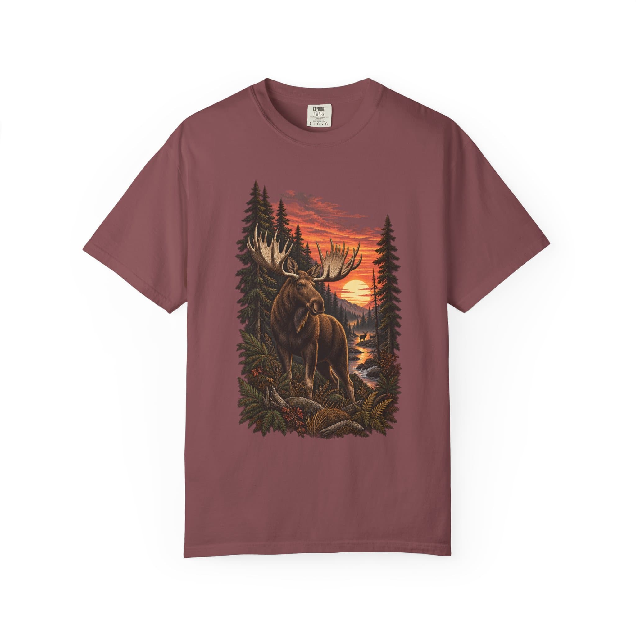 Majestic Moose Sunset T-shirt | Forest River Scene, Wilderness Graphic, Majestic Moose Wilderness Sunset Graphic T-Shirt