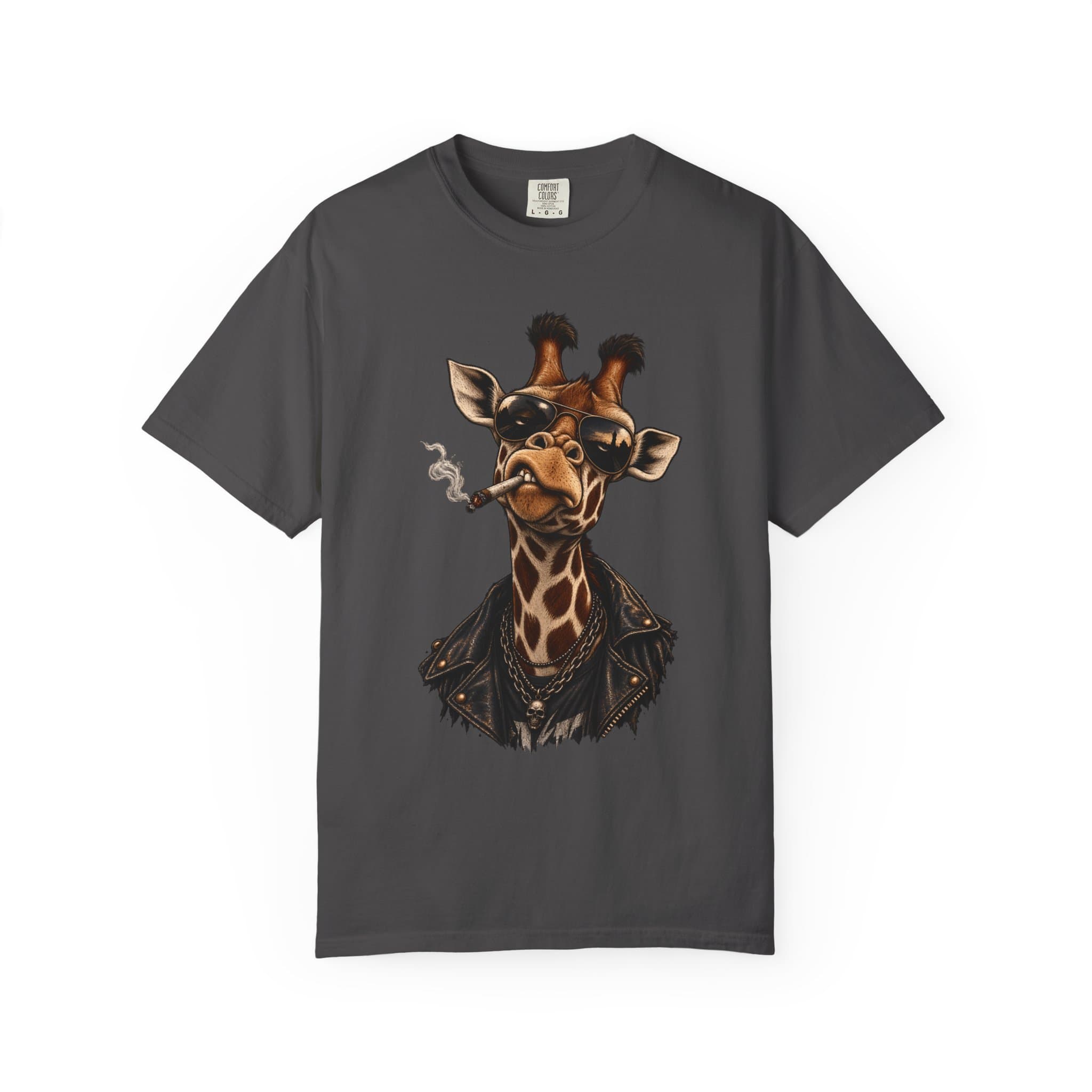 Punk Giraffe Smoking Leather Jacket T-shirt | Animal Illustration, Retro Rock Tee, Badass Giraffe Leather Jacket Graphic Tee