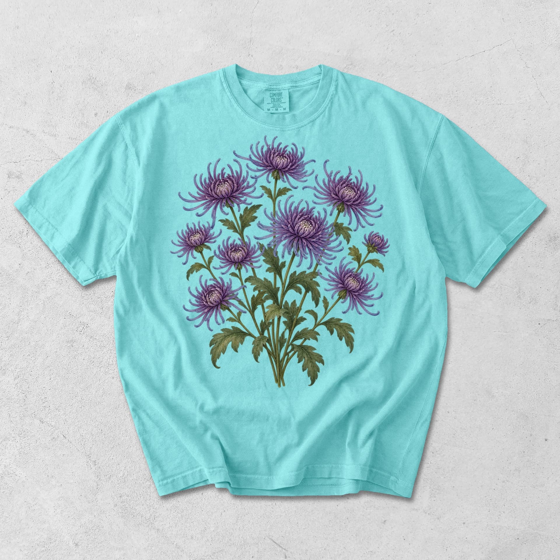 Purple Spider Chrysanthemum Botanical T-Shirt — Chalky Mint
